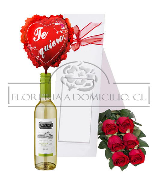 Caja 6 Rosas + Vino Blanco 375cc + Globito